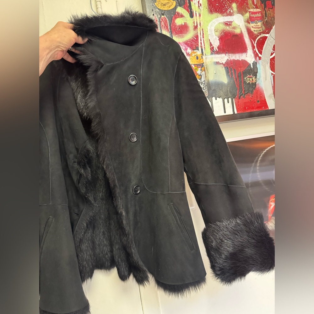 L. K. Bennett black shearling fox fur jacket cuffed sleeves pockets, gorgeous!! - Picture 12 of 12